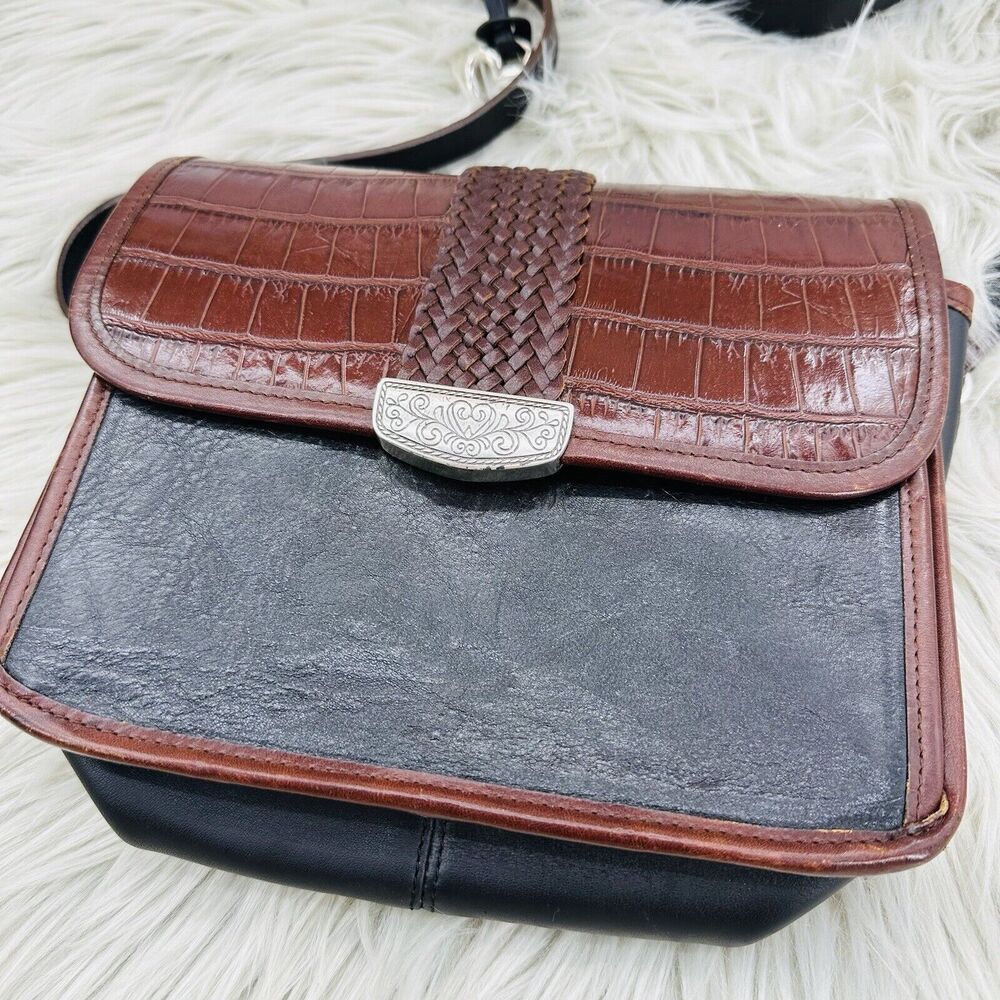 Vintage Brighton Crossbody Flap Organizer Leather Black & Brown Croc Print Purse - Picture 2 of 16